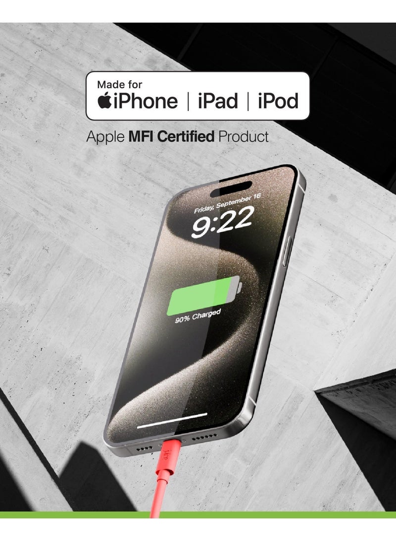 جوس كابل JUICE USB-A إلى Apple Lightning، مصنوع من مادة TPE معاد تدويرها بنسبة 100% ومُعزز للمتانة، للشحن ونقل البيانات، معتمد من MFI للشحن السريع، متوافق مع أحدث الطرازات: iPhone 17 و16 و15 و14 و13 و12 و11 Pro Max وXR وXS وX و8 وSE، بالإضافة إلى iPad، بطول 2 متر، باللون الكورال. - Image 3